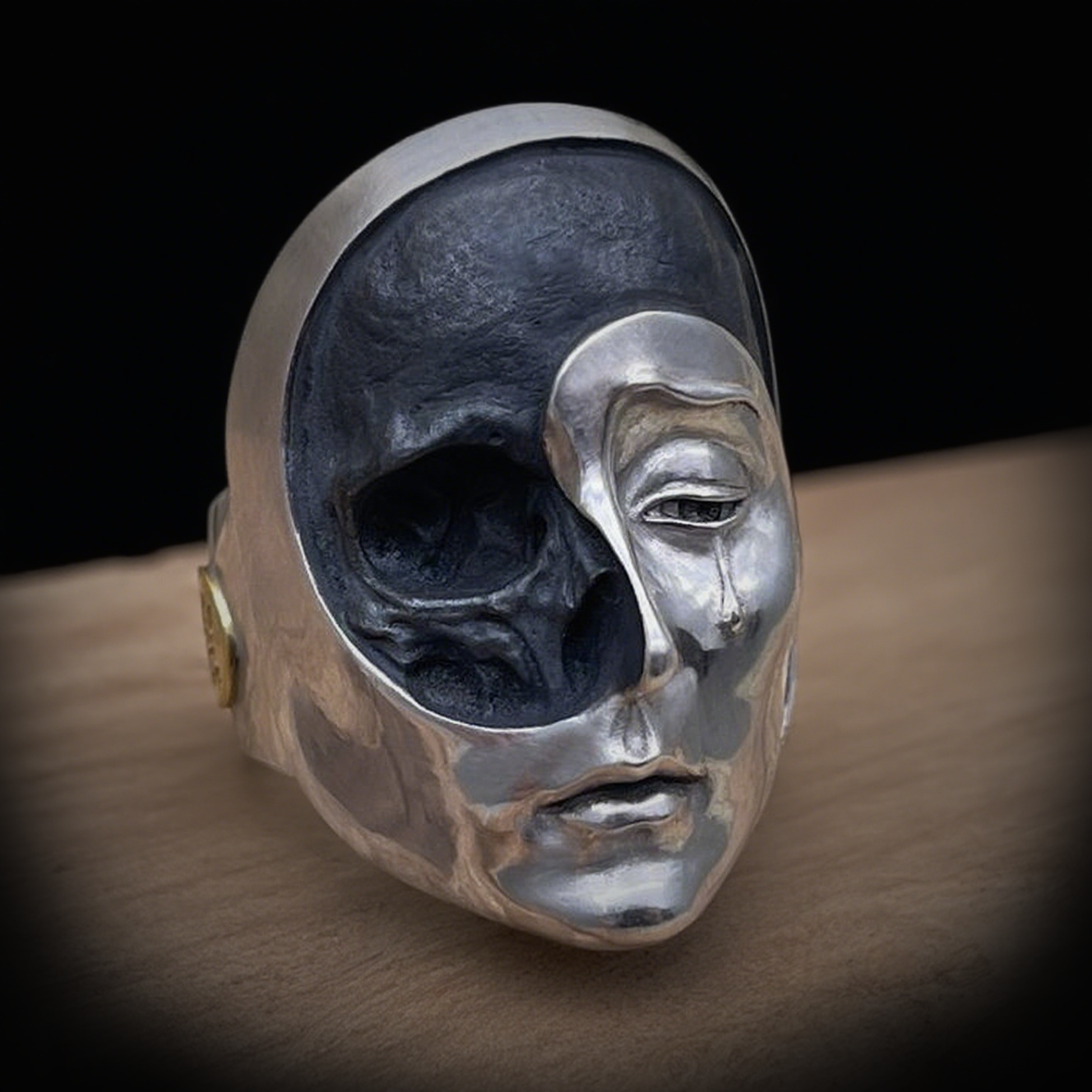 Vintage knuckle ring human face mask ring opening adjustable black punk gothic ring role play accessories