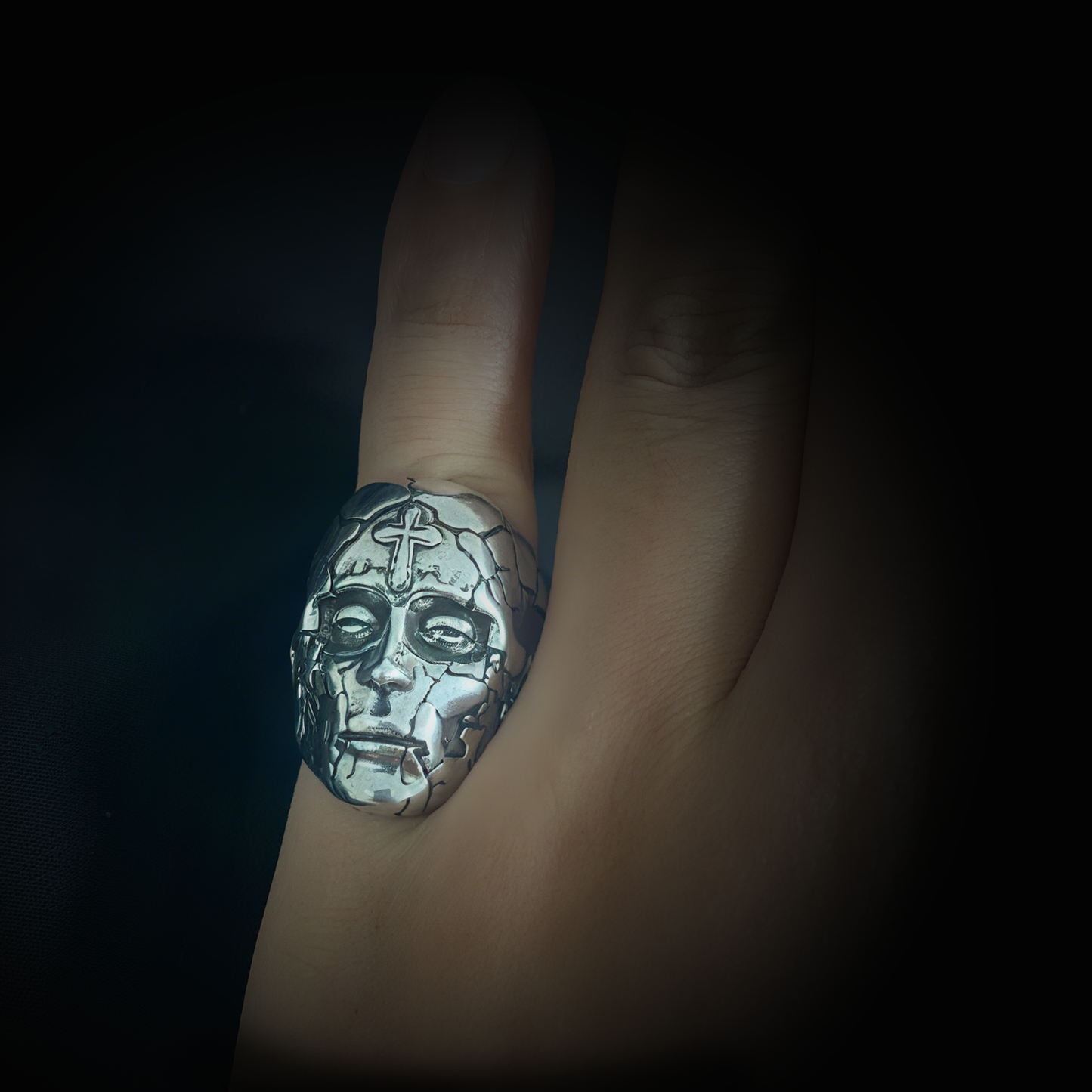 Vintage Knuckle Ring Mask Face Ring Opening Adjustable Black Punk Gothic Ring Role Play Accessories