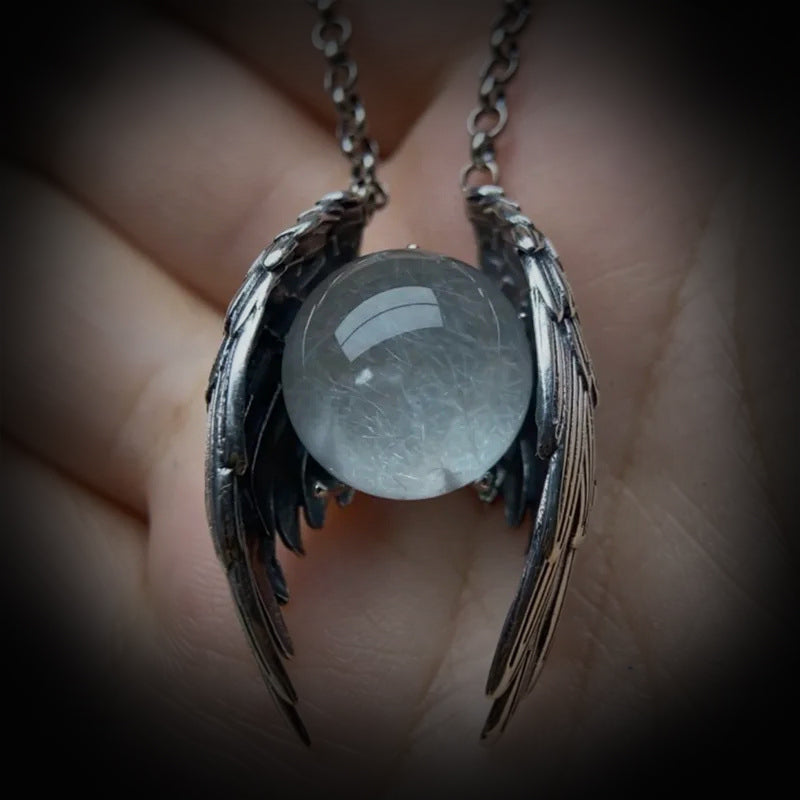 Stainless Steel Gothic Angel Wing Crystal Pendant Necklace for Men and Women