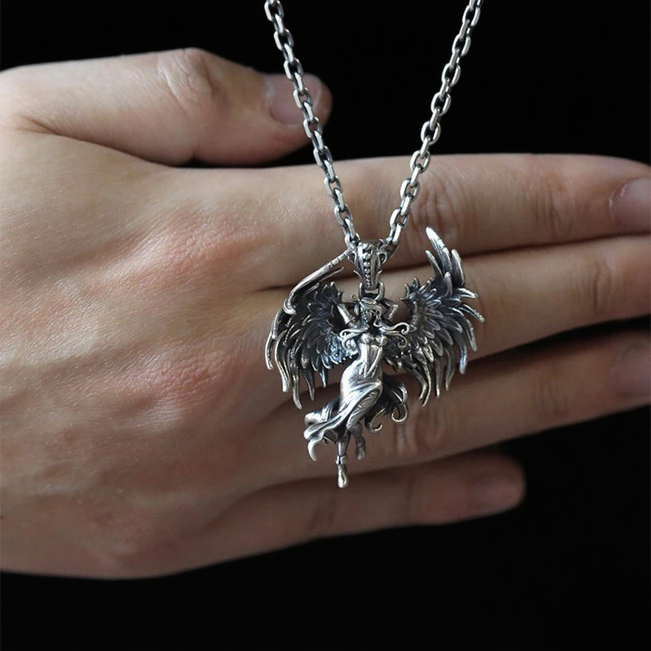 Stainless Steel Gothic Evil Angel Pendant Necklace for Men and Women