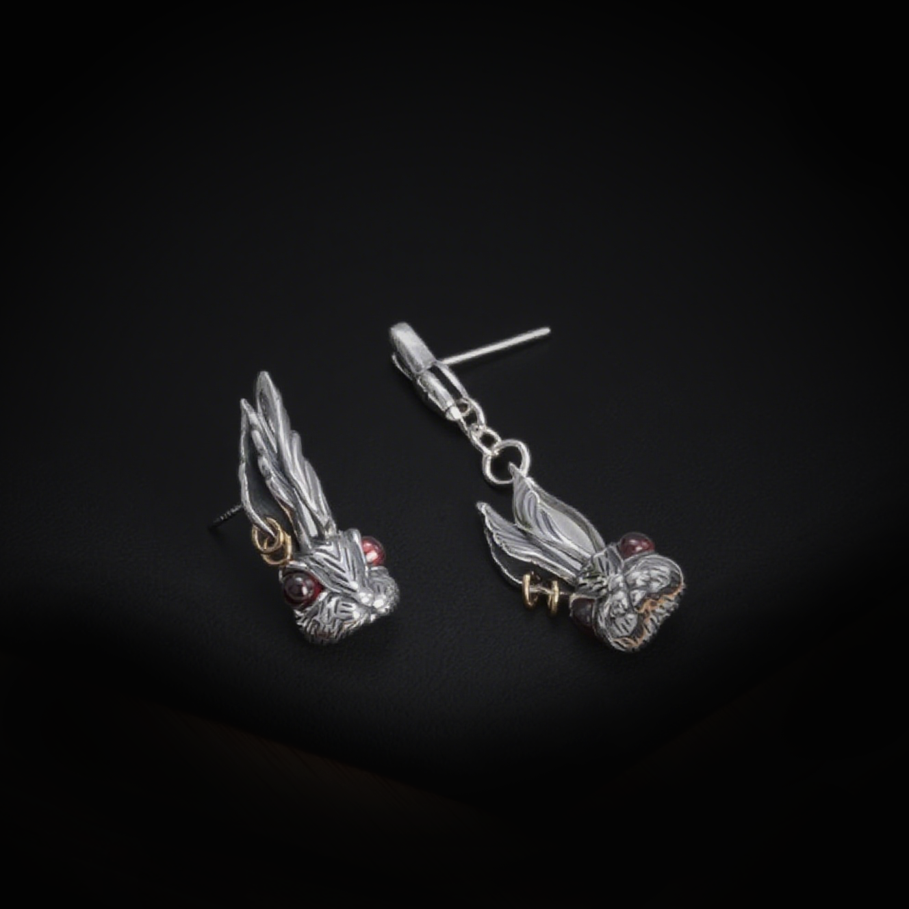 Vintage Shadow Stud Earrings, Hypoallergenic Bunny Head Earrings