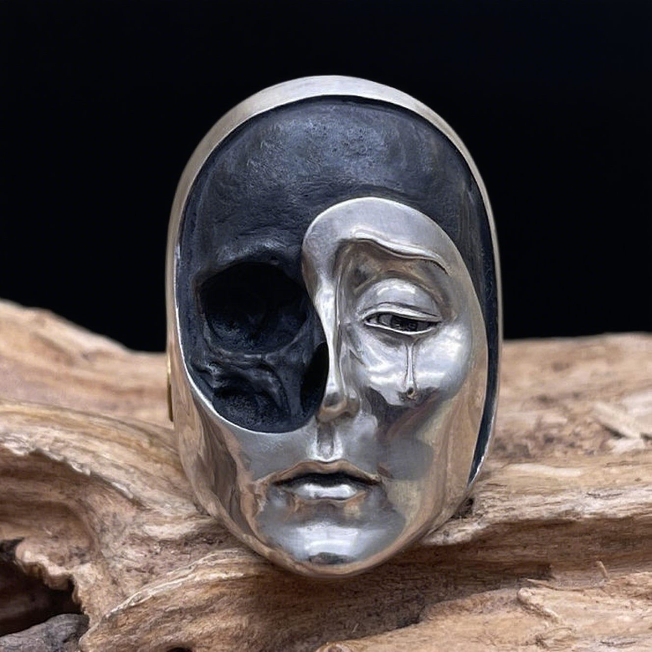 Vintage knuckle ring human face mask ring opening adjustable black punk gothic ring role play accessories