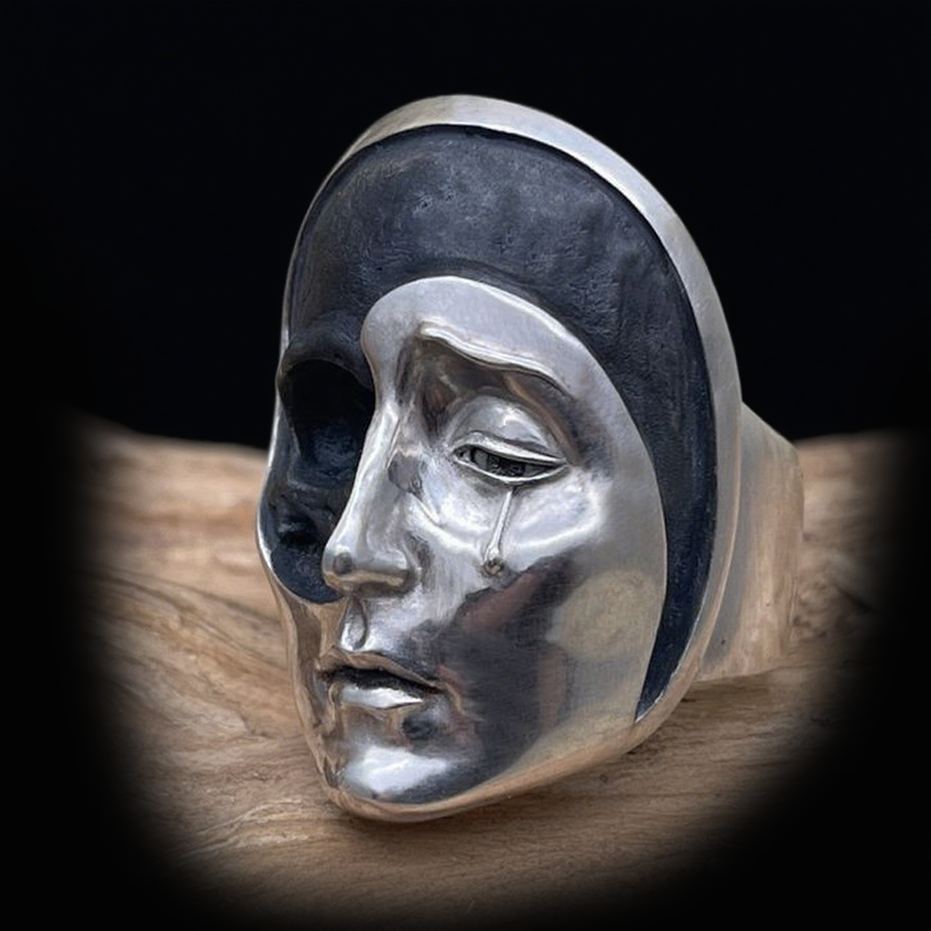 Vintage knuckle ring human face mask ring opening adjustable black punk gothic ring role play accessories