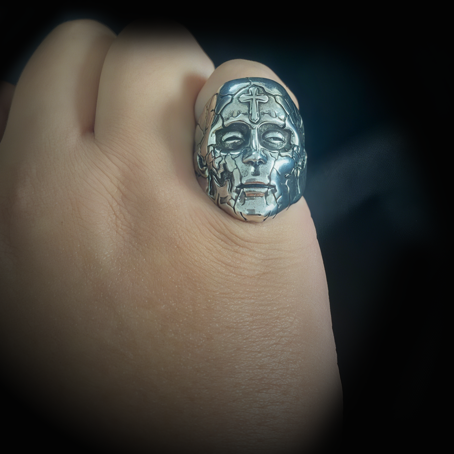 Vintage Knuckle Ring Mask Face Ring Opening Adjustable Black Punk Gothic Ring Role Play Accessories