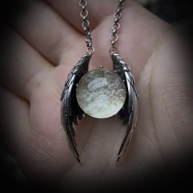 Stainless Steel Gothic Angel Wing Crystal Pendant Necklace for Men and Women