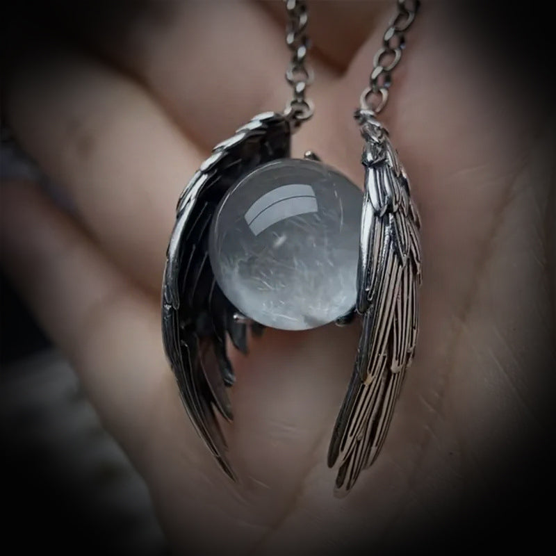 Stainless Steel Gothic Angel Wing Crystal Pendant Necklace for Men and Women