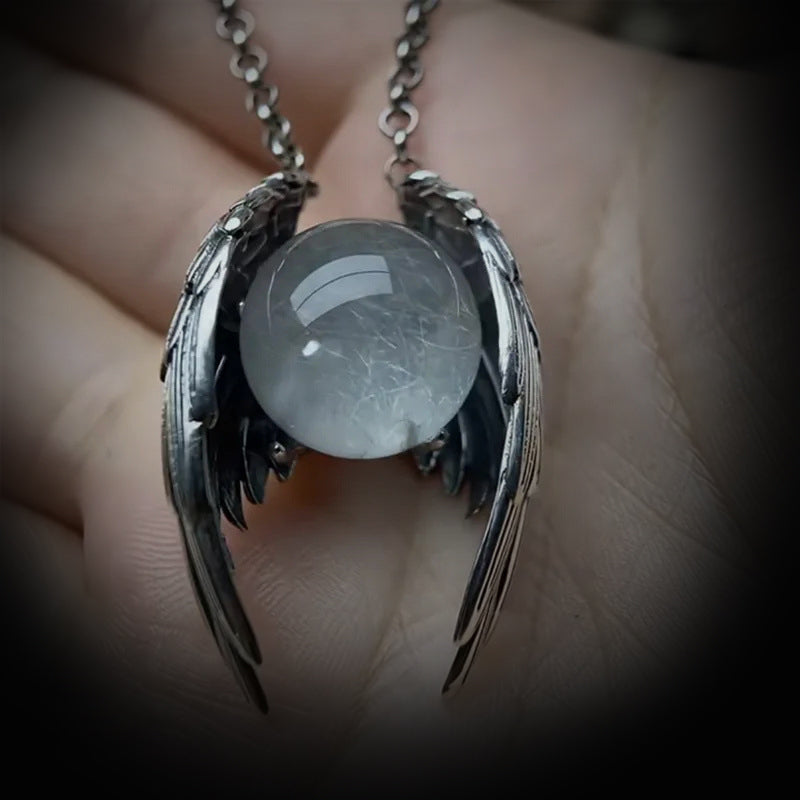 Stainless Steel Gothic Angel Wing Crystal Pendant Necklace for Men and Women