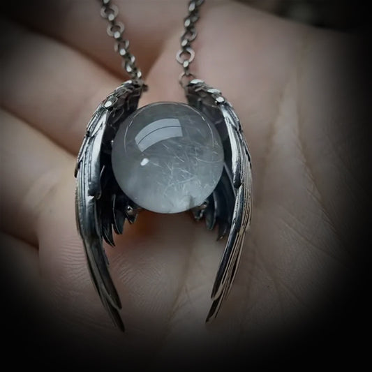 Stainless Steel Gothic Angel Wing Crystal Pendant Necklace for Men and Women